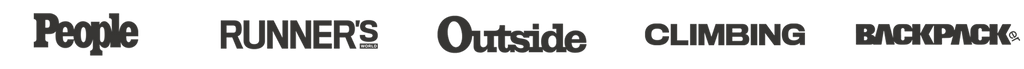 Logos for five outdoor or fitness magazines: People, Runner’s World, Outside, Climbing, and Backpacker, displayed in bold black text on a white background.
