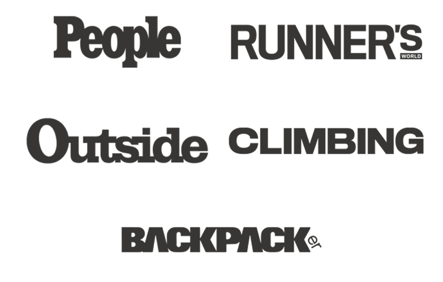 Black-and-white logos for magazines: People, Runner’s World, Outside, Climbing, and Backpacker, arranged in two rows on a plain white background.
